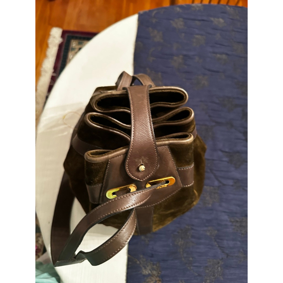 Celine Green-Brown Suede & Brown Leather Triomphe Bucket Shoulder Bag - Picture 12 of 16